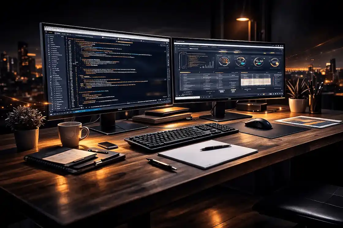 Handcoded Development Setup mit Code und Performance-Dashboard