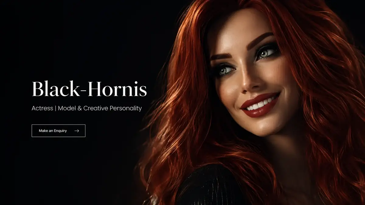 Black-Hornis Website mit dunkler Gestaltung und Porträt