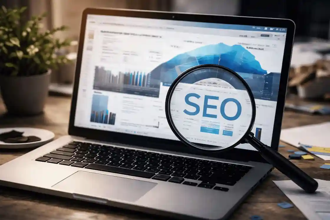 SEO 2026 Analyse: Lupe auf Dashboard, Performance und Ranking-Faktoren